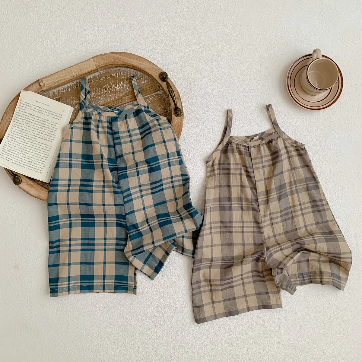 

5274B Baby Jumpsuit 2023 Summer New Simple Fashion Boy's Suspender Jumpsuit Thin Cotton Plaid Girl's One Piece Clothes