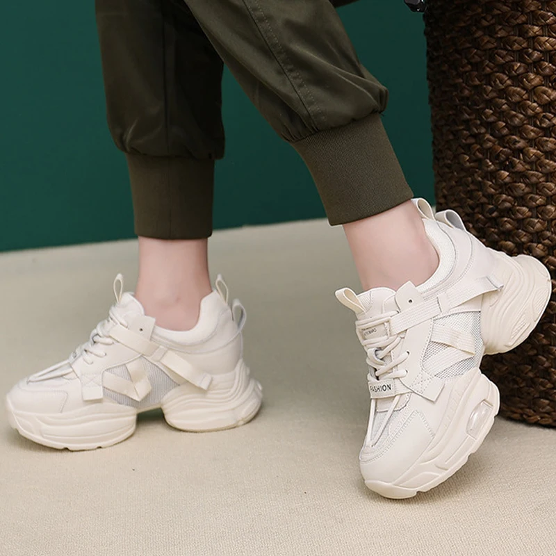 5.5cm Air Mesh Genuine Leather 2023 Women Summer Hollowing Soft Sole Platform Wedge Fashion Chunky Ladies Sneakers Woman Shoes