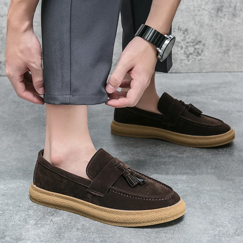 Мужские лоферы с кисточками матовая кожа мягкие коричневые повседневные