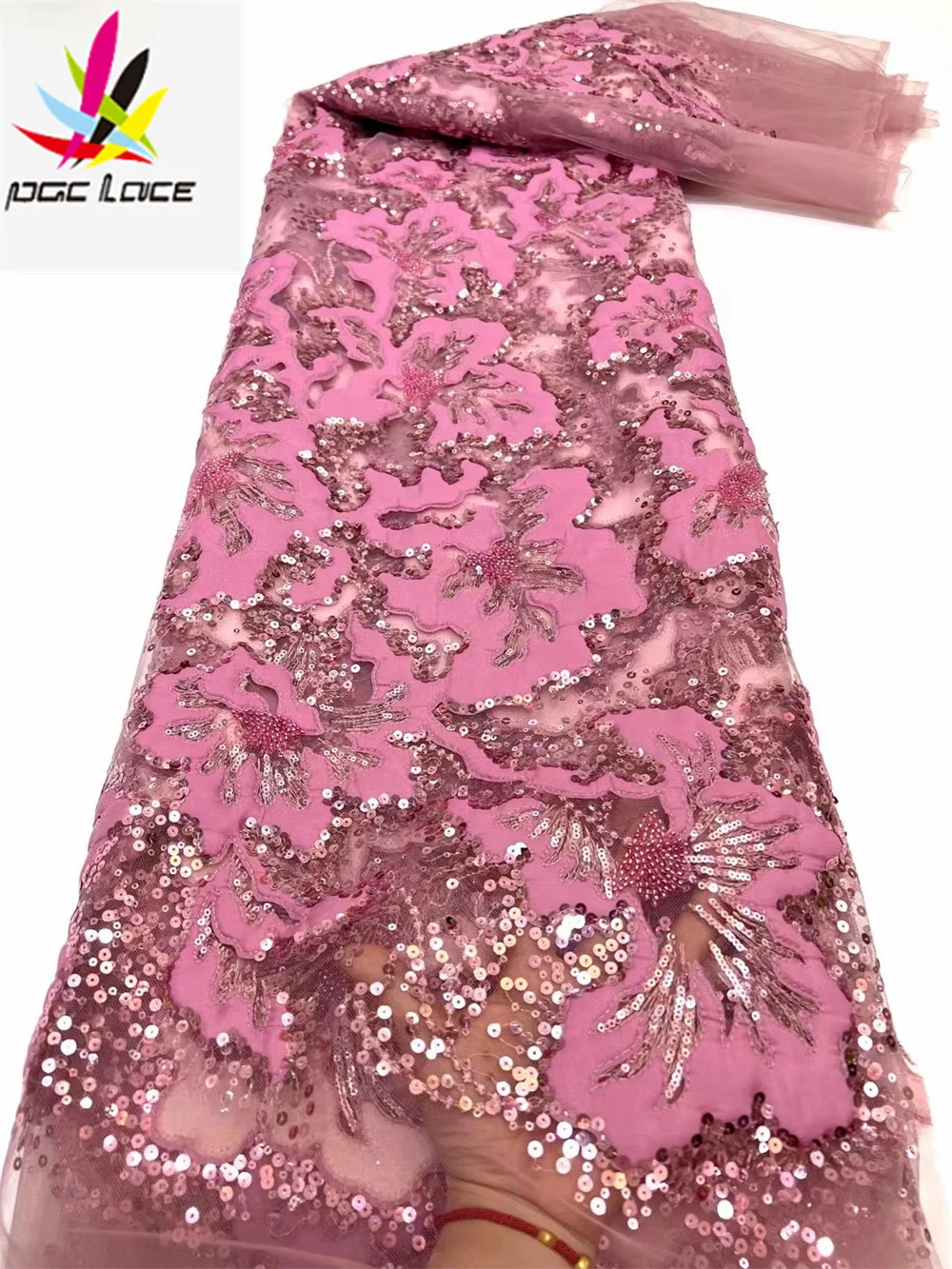 

PGC African Sequence Groom Lace Fabrics 2022 High Quality French Nigerian Flocking Lace Fabrics Wedding Dress Material LY462-5