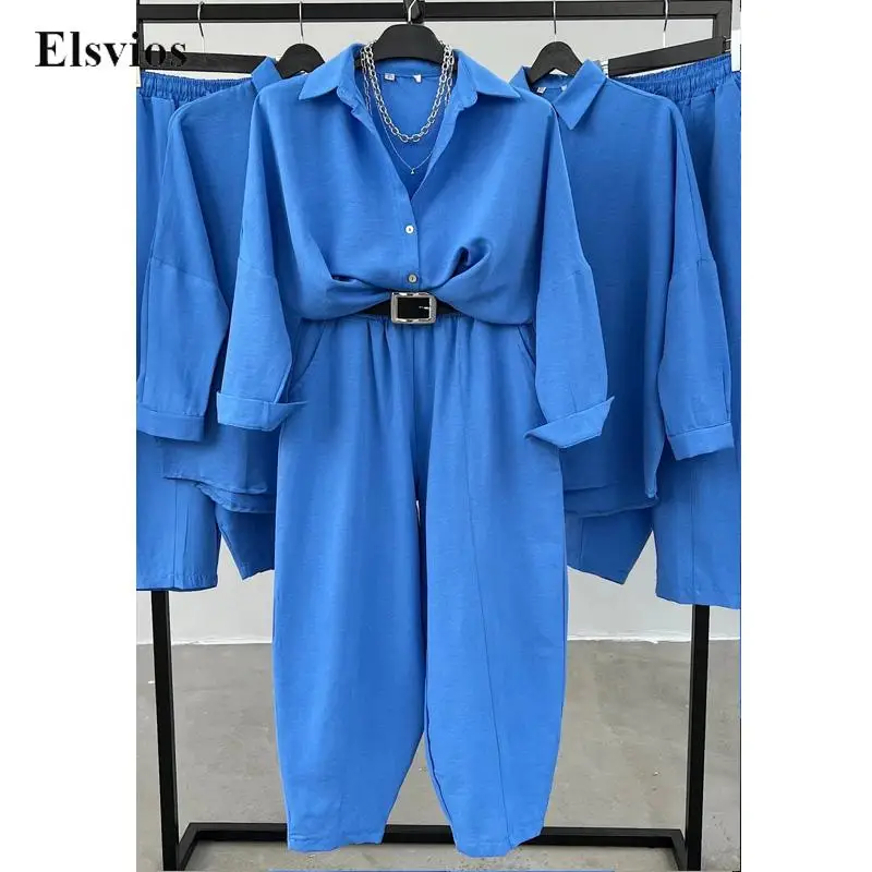 

Fashion Cotton Women 2pc Set Casual Loose Batwing Sleeve Blouse Outfits Office Lady Lapel Solid Shirt Tops And Harem Pants Suits