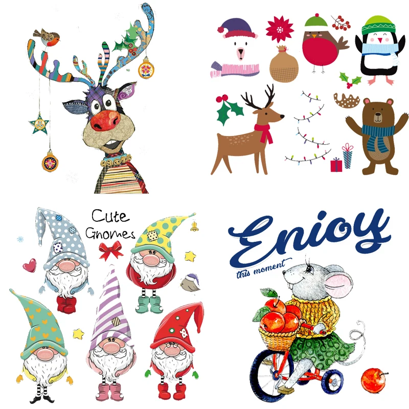 

Cartoon Cute Gnome Deer Christmas Patches for Clothing Thermal Stickers on Clothes Santa Claus Elk Owl Snowman Iron-on Transfers