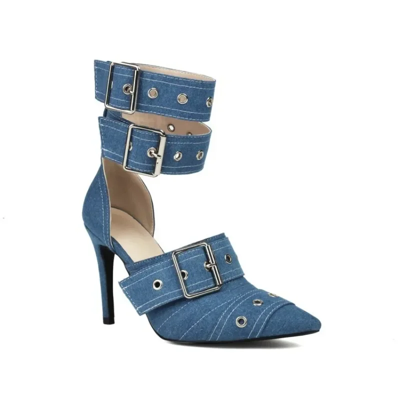 2023 European And American Fashion Show Shaped Heel Denim Women's Single Shoe Sexy Thin High Short Boots