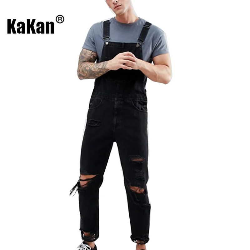 Kakan - European and American New Strap Tears Jeans for Men, Youth Popular Black Super Perforated Long Jumpsuit K34-710