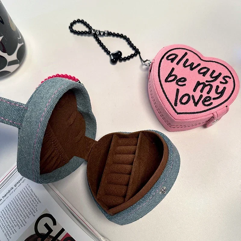 

Denim Retro Jewellery Storage Box Heart Shaped Girl Ring Necklace Display Cases Portable Retro Sweetheart Jewelry Organize Boxes