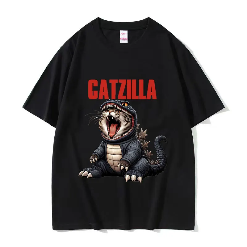 Funny Catzilla Cat Meme T Shirt Men Women Retro High Quality Fashion T-shirts Summer O-Neck Oversized Cotton T-shirt Streetwear