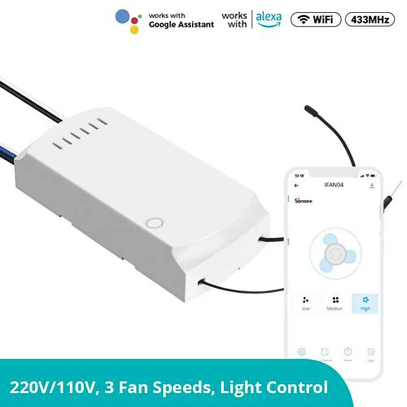 

SONOFF iFan04-H WiFi Smart Fan Switch 220-240V Adjust Fan Light Controller Support APP Voice 433MHz RF Remote Control for Alexa