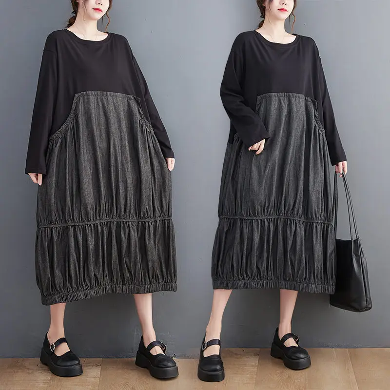 

Осень 2022, корейское свободное модное джинсовое ретро платье средней длины большого размера в литературном стиле, Повседневная Лоскутная ме...