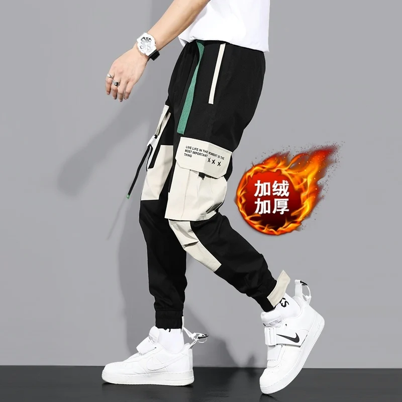 

Мужские плотные Комбинезоны на флисовой подкладке, осенне-зимние трендовые красивые брюки с поясом на щиколотке, функциональные мужские бр...