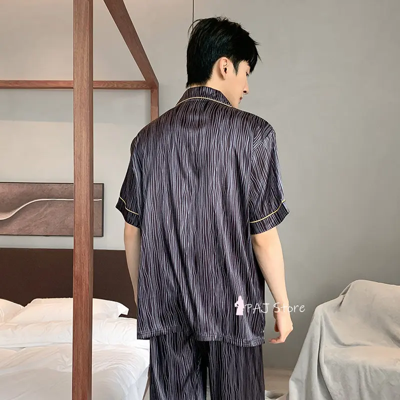 Men Sleepwear Silk Satin Pijama Set Pajama Sets Short Sleeve Sleep Home Clothes Man 2 Pieces Sets Home Suits Pyjamas L-5XL