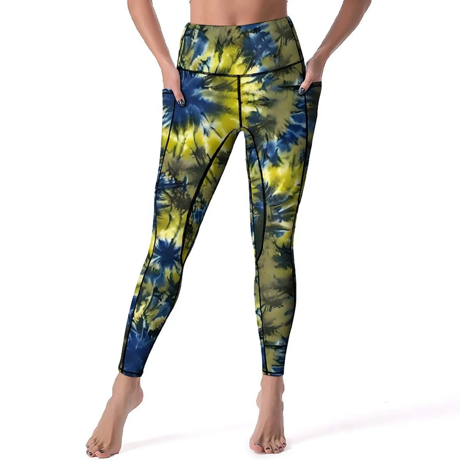 

Леггинсы с принтом Tie Dye, синие и желтые штаны для йоги с карманами, леггинсы с эффектом пуш-ап для тренировок и йоги, быстросохнущие спортивные штаны в стиле ретро
