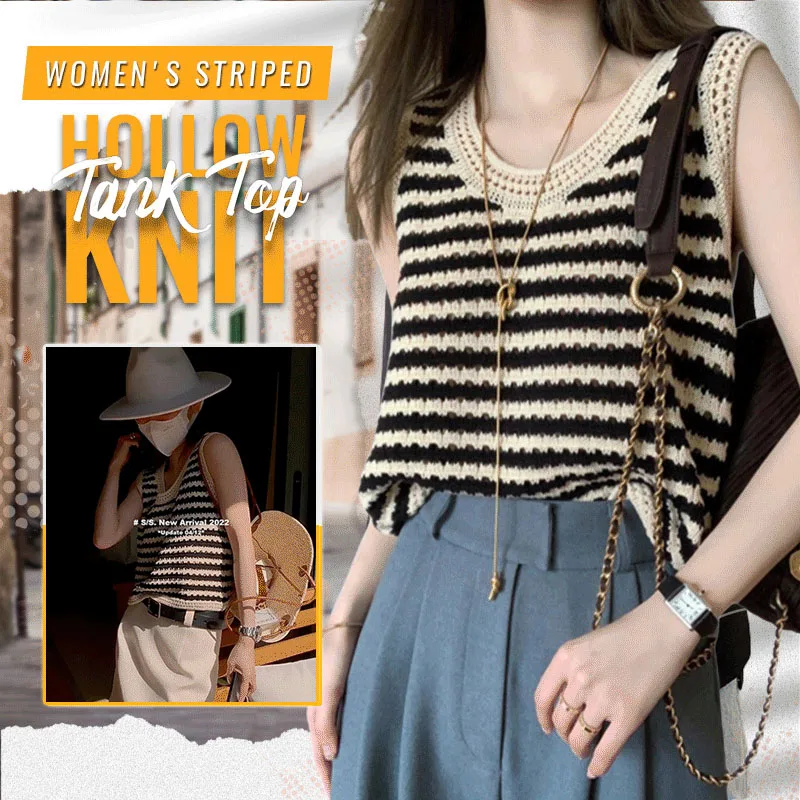 

2022 new arrivals Women's Striped Hollow Knit Tank Top O-Neck Korean Knitwear Shirts Sleeveless Streetwear Loose Top