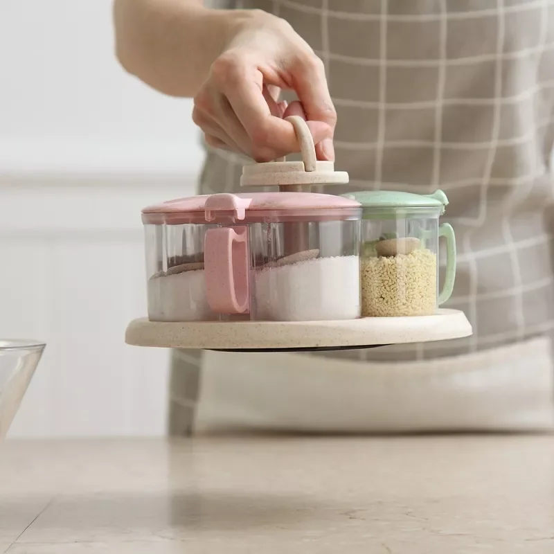 

NEW2022 Wheat Straw Rotating Seasoning Jar Three-in-one Combination Seasoning Box Set Kitchen Supplies Salt Storage Bottle