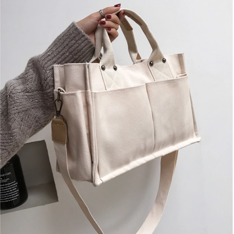 

Women Casual Canvas Shoulder Bag Ladies Exterior Pockets Crossbody Bags Solid Thick Cotton Cloth Purses and Handbags For Girls