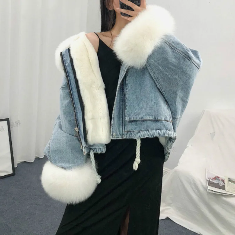 Vintage Woman Jacket Navidad Blue Black Jacket for Women Oversized Faux Fur Thick Warm Parkas with Fur Tassels Slim Coats Winter