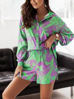 summer women print shorts suits female casual fashion lapel long sleeve shirt and mini shorts two piece set lady loose outfits