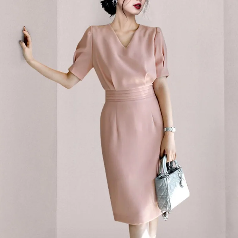 

2022 Summer Sheath Pencil Dress Elegant Fashion V-Neck Bodycon Vestidos Knee-Length Casual Dresses