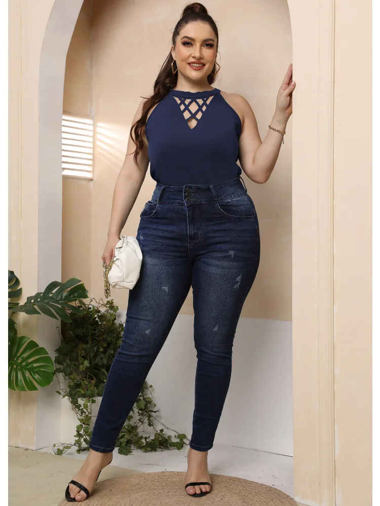 Plus size women sexy openwork burnt-out halter top bottoming shirt casual top plus size feminino t-shirts
