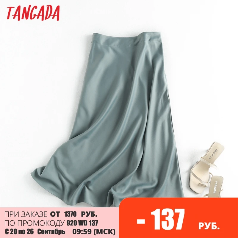 Tangada women solid quality satin midi skirt vintage side zipper office ladies elegant chic A-line skirts 6D18