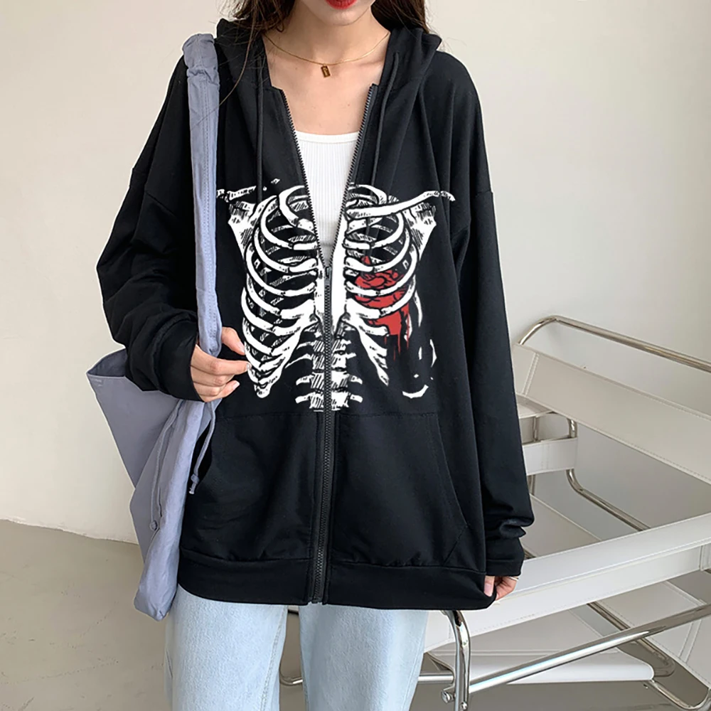 

New Autumn Winter Streetwear Women Coat Retro Goth High Street Printed Skull Breastbone Zipper Sweatshirt Feminine Hoodie Unisex