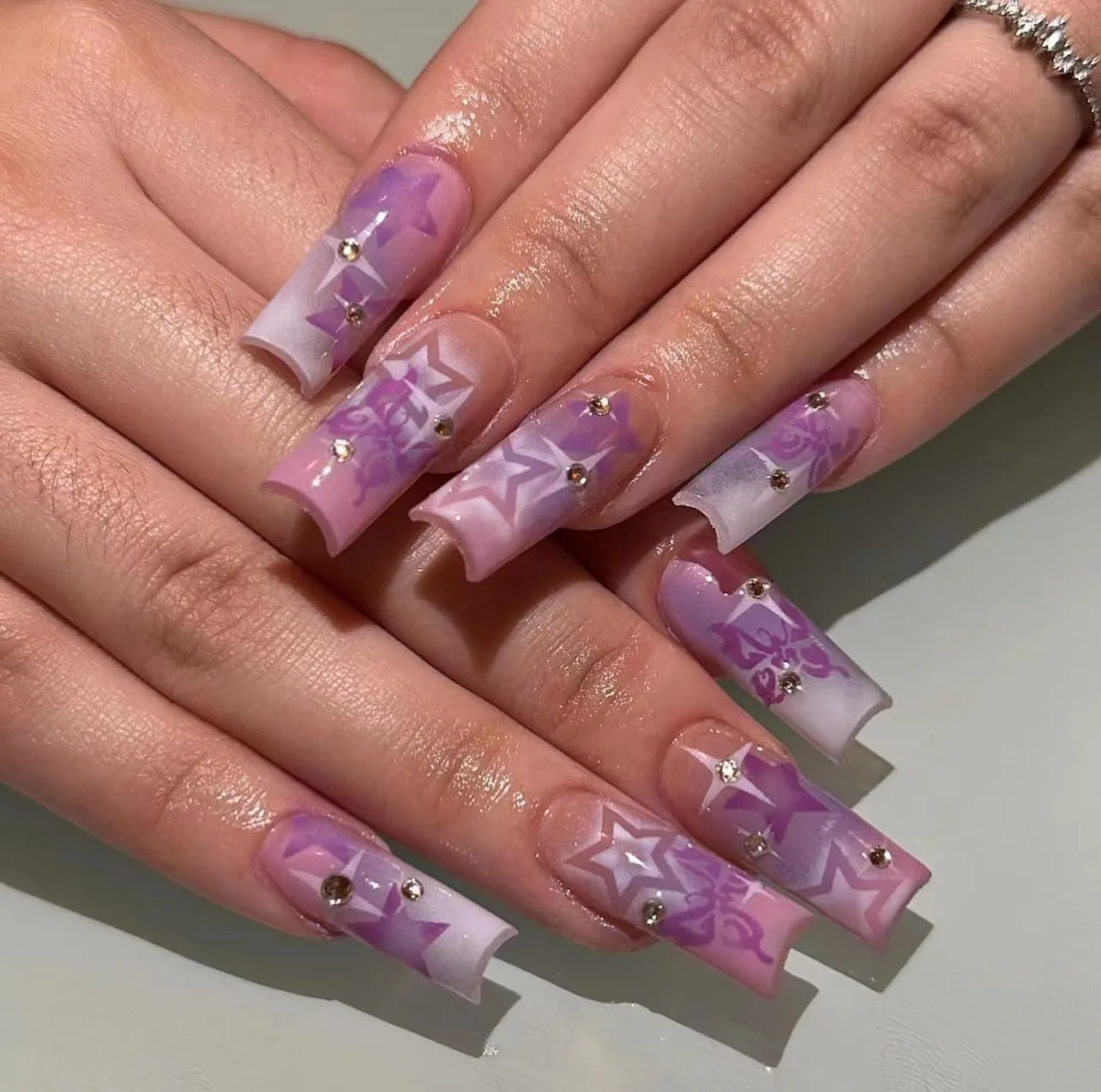 

24Pcs Purple Y2K Press on Nails Star Diamond Designs Full Cover Fake Nails Long Coffin Acrylic False Nails for Women 2023 New