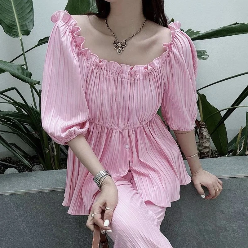 

Женская блузка с рукавами-фонариками, элегантная свободная плиссированная блузка с открытыми плечами, Милые простые рубашки с оборками в Корейском стиле, лето 27027
