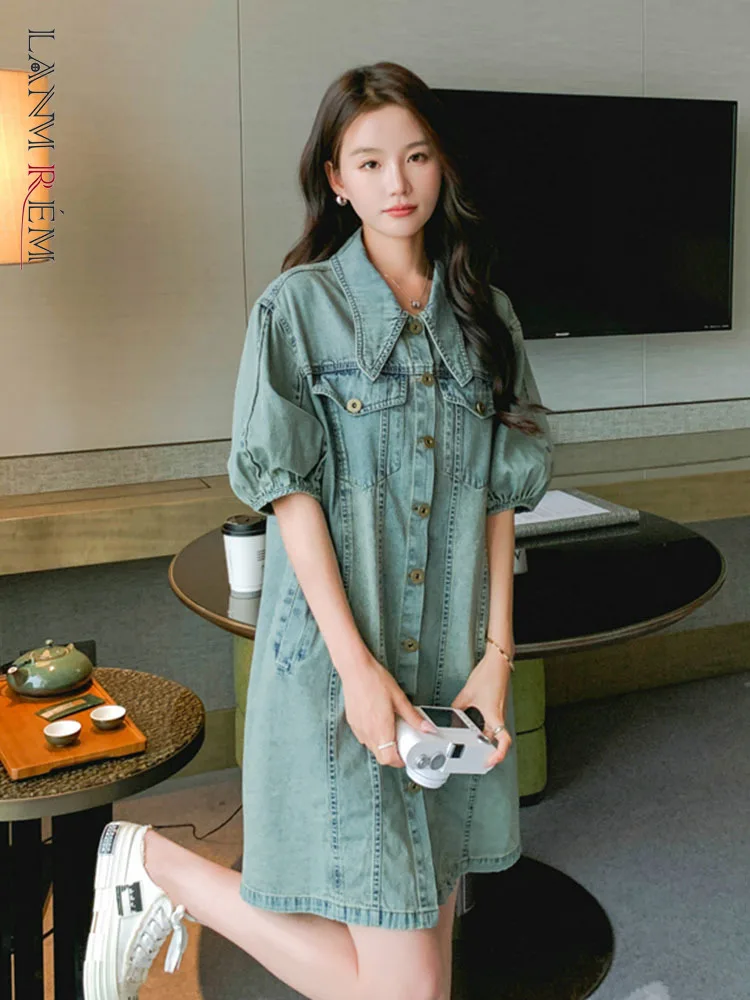 

Женское джинсовое платье LANMREM, однобортное платье в стиле ретро с отворотами и короткими рукавами, 2023 2YA1788