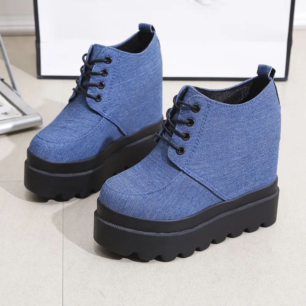 

Women's Denim Jeans Flock Platform Wedge High Hidden Heel Creepers Lace Up Shoes Girls