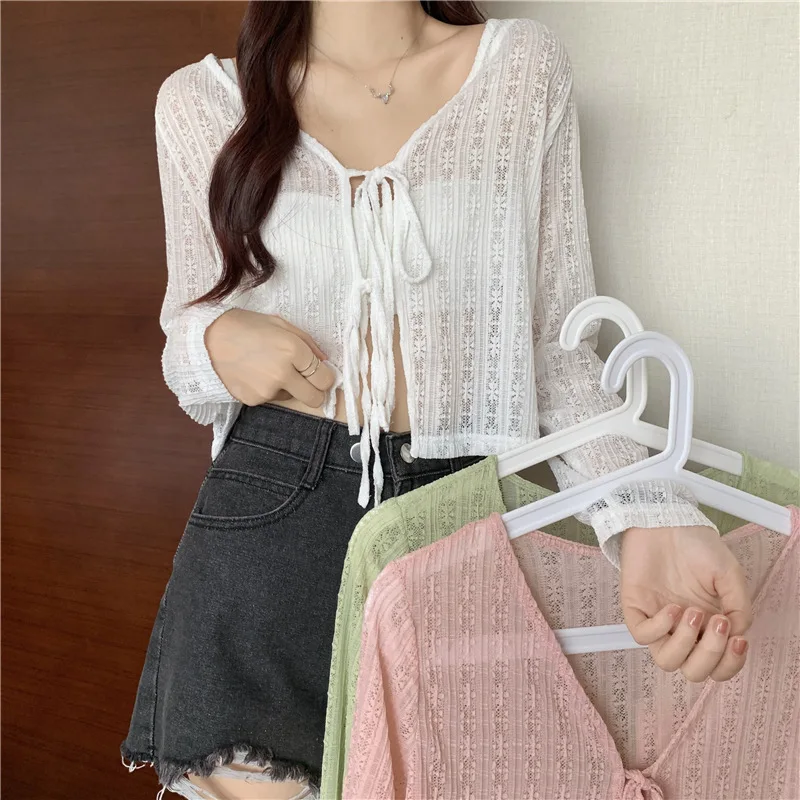 

Women Summer Thin Coat Casual Lace Bow Sun Protection Clothes Female Cardigan Shirt Clothing Tops Blouse for Woman Covers Blusa