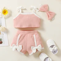 0 4y girls clothes sets toddler clothes 2022 summer sleeveless solid ribbed vest topsbowknot shortsheadbands outfits sets