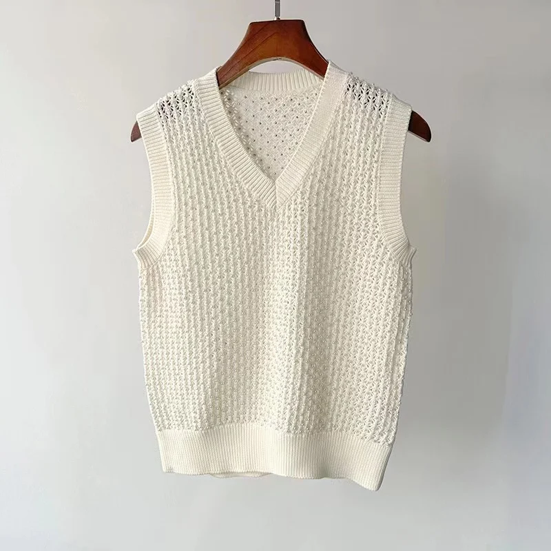

Pearl decoration V-neck knitted vest casual fashion 2023 summer new style 0406