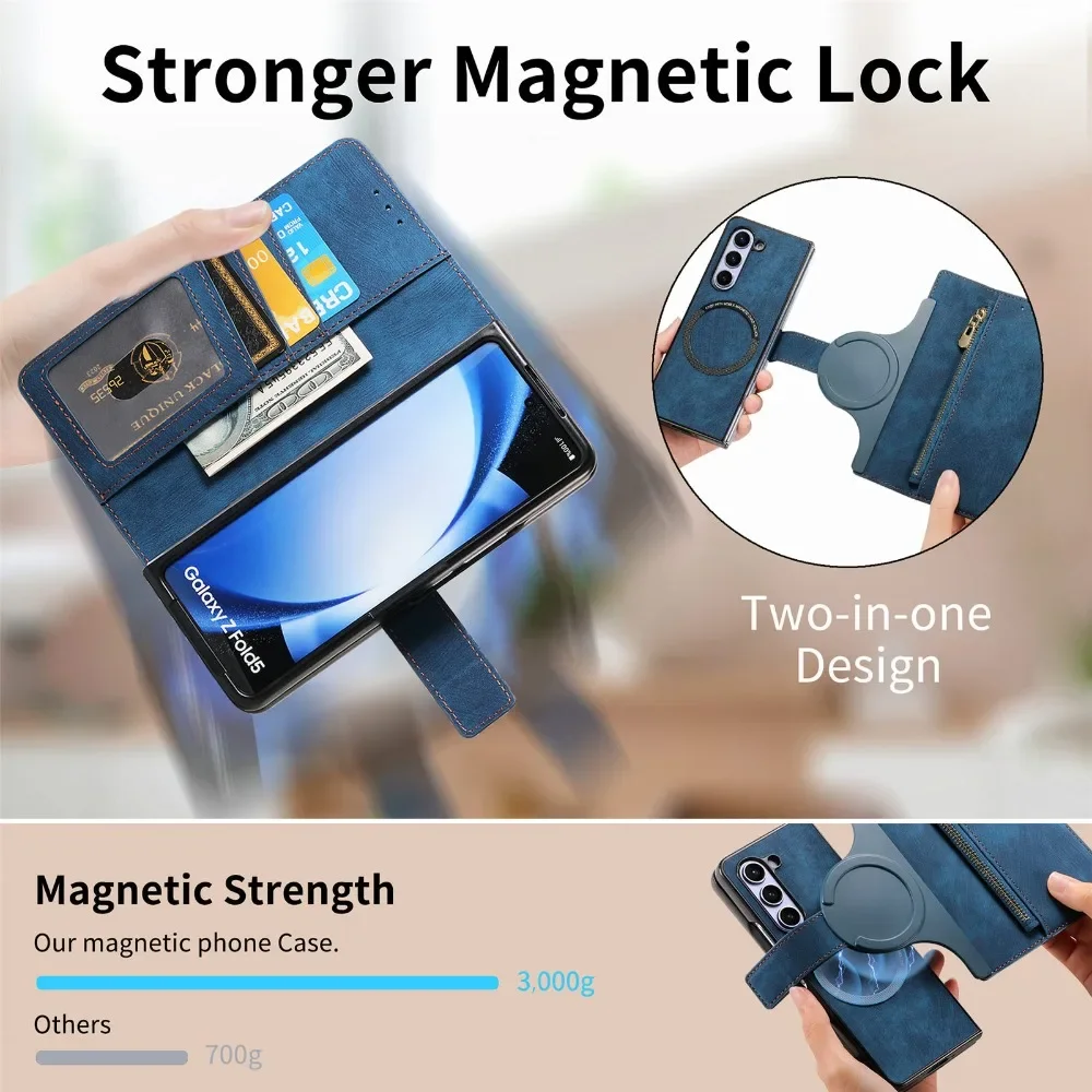 2 в 1 съемный чехол-кошелек на молнии для Samsung Galaxy Z Fold 6 5 4 3 Fold6 Fold5 Fold4 Fold3 5G кожаный