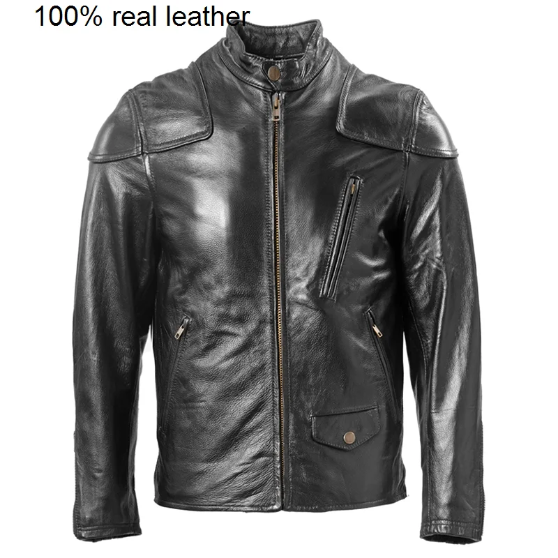

Куртка мужская Байкерская из натуральной воловьей кожи, приталенный силуэт, мотоциклетная верхняя одежда, Азиатские размеры, на осень, M271