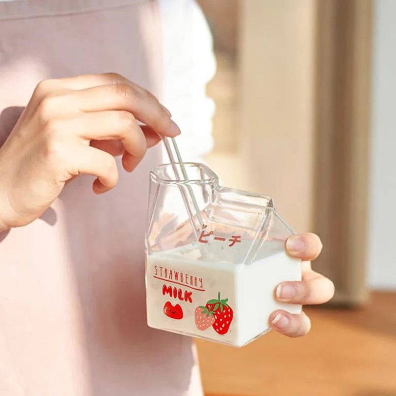 

1Pcs 380ml High Boron Glass Water Cup Glass Creamer Box Heat Resistant Cartoon Mini Square Milk Carton Container Cup