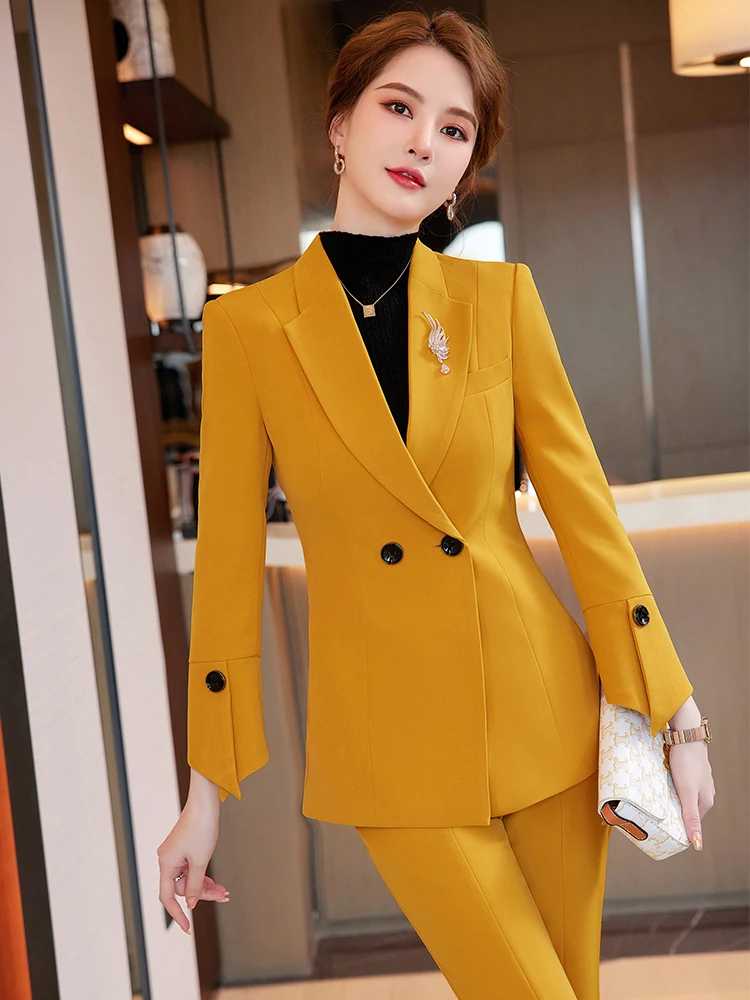 Women 2 Piece Set Office Ladies Elegant Casual Business Jackets +Split Wide Leg Pants Female Clothes Formal Blazer Pantsuits