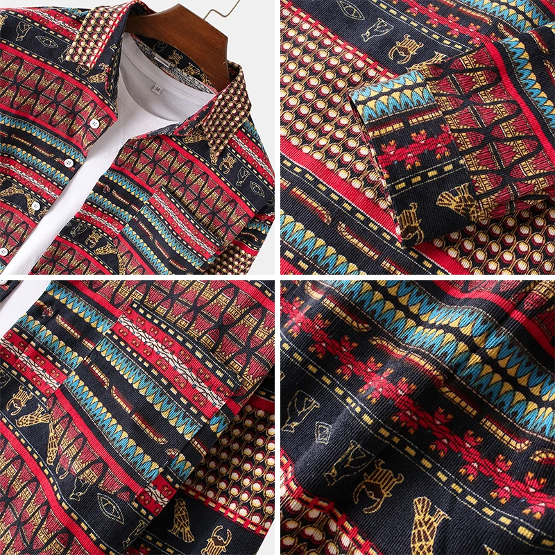 Mens Winter Jackets Cotton Vintage Ethnic Shirt Patter Print Thin Daily Jacket Chest Pocket Shirts