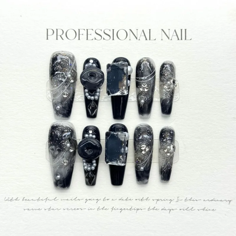 10pcs Luxurious Black Long French Ballet Nails 3D Rhinestone Halo Dyeing Full Cover Manicuree Wearable Y2K False with Glue