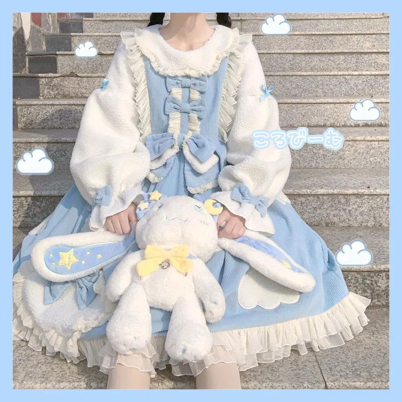 

Winter Plush Velvet Lamb Lolita Op Thickened Warm Kawaii Loli Dress Cute Student Stitched Blue Pink Plus Size 2Xl 3Xl 4Xl