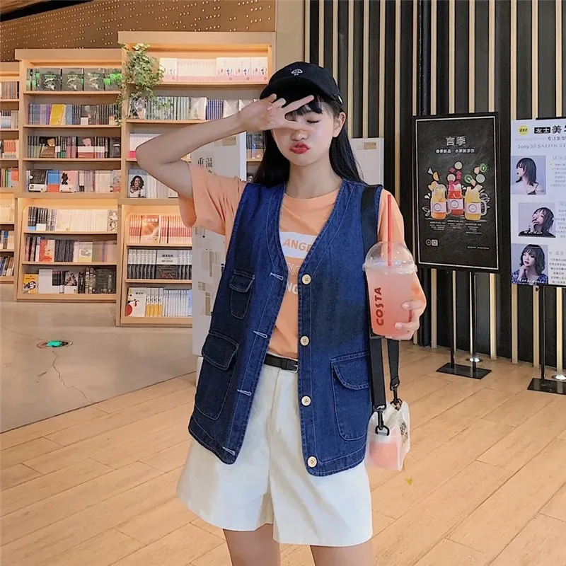 

Vintage Denim Vest Jacket Women Summer New Korean V Neck Single Breasted Casual Tops Loose Jeans Waistcoat Sleeveless Gilet