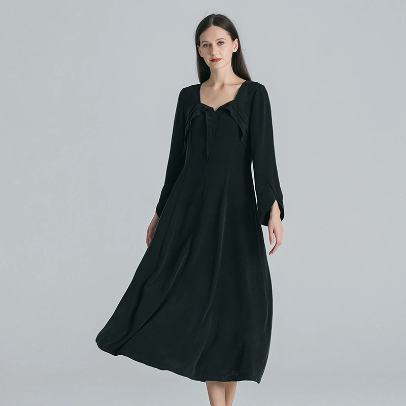 

Night Black 30 Momme Heavyweight Sand Washed Silk Sweetheart Neck Dresses Women Long Sleeve Backless Elegant Dress AE1788