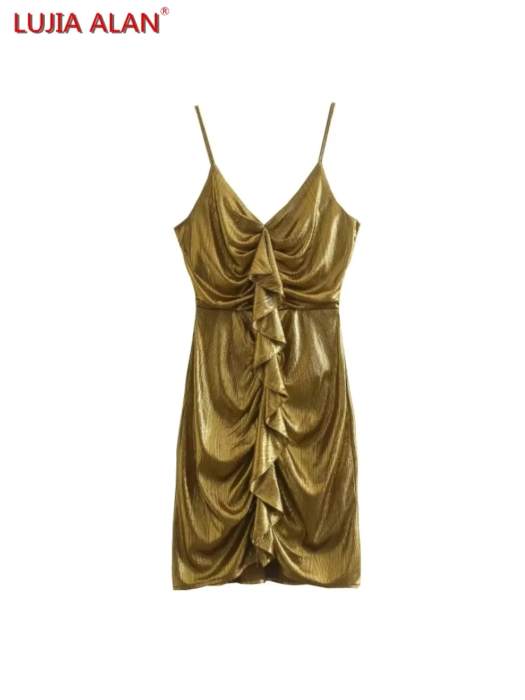 

New Women's Gilded Fabric Cascading Ruffle Sling Mini Dress Casual Pleated Design Slim Fit Streetwear LUJIA ALAN WD1507