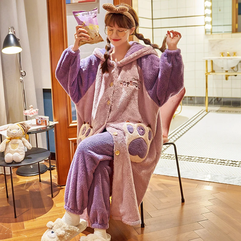 Winter Pajamas Fashion Women Sleepwear Plush Robe Thermal Pantsuit Home Wear Add Fleece and Thicken Nightgown Plus Size