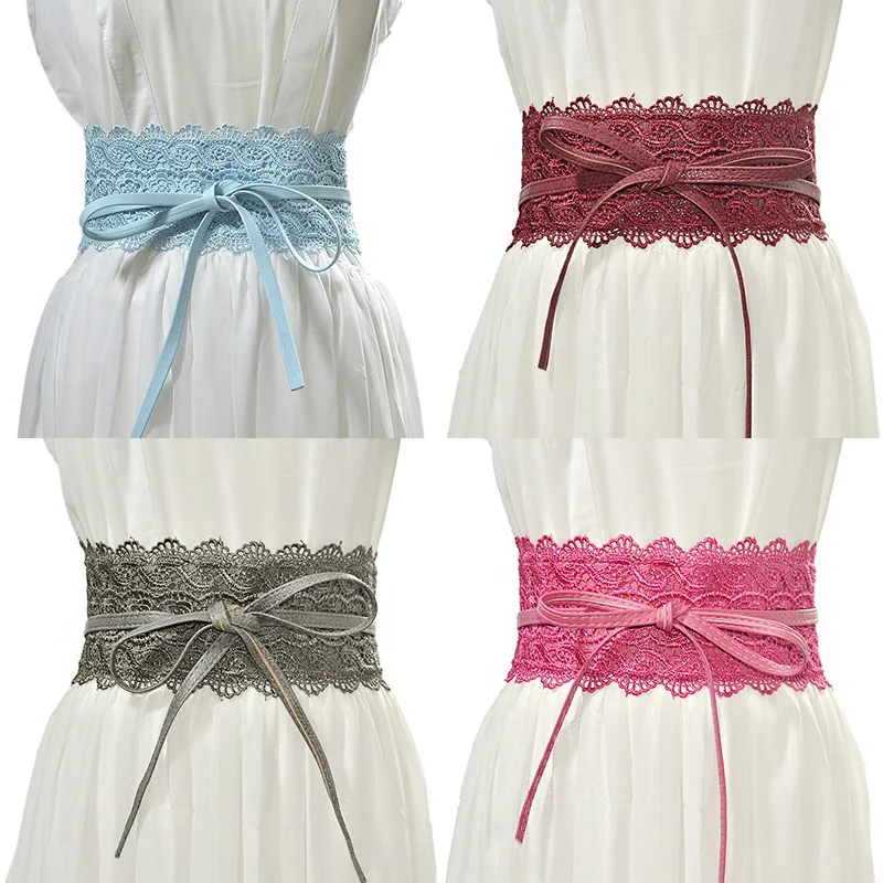 Women Bow Lace Belt Elegant Floral Lace Wide Female Self Tie Waist Belt Cummerbunds Tie-up Female Dress Waistbands