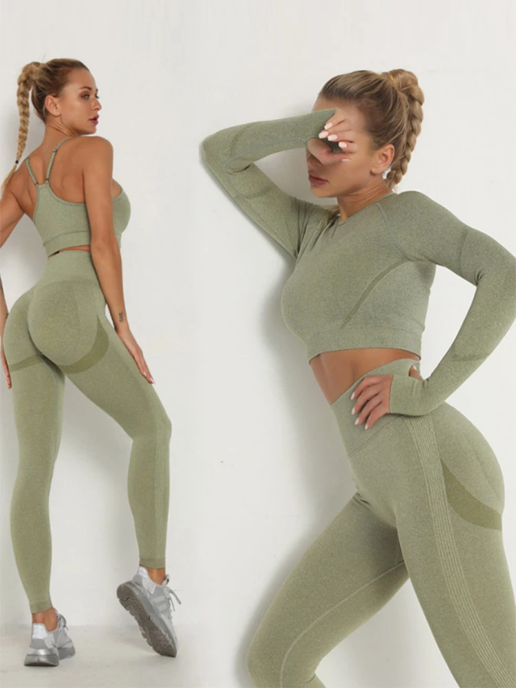 

Women's Seamless Set High Waist Push Up Leggings Workout Wear Tracksuit Tights Tracksuit Breathable Bra Long Sleeve Top Set