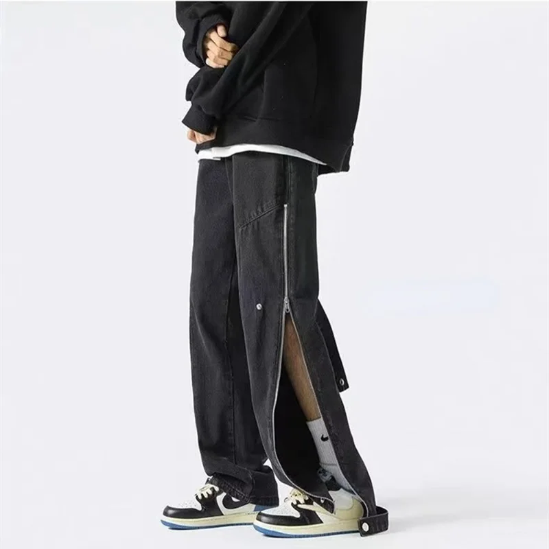 DEEPTOWN Zipper Straight Jeans Men Vintage Loose Denim Pants Streetwear Casual Trouers Male Hip Hop Fashion Spring Black Blue