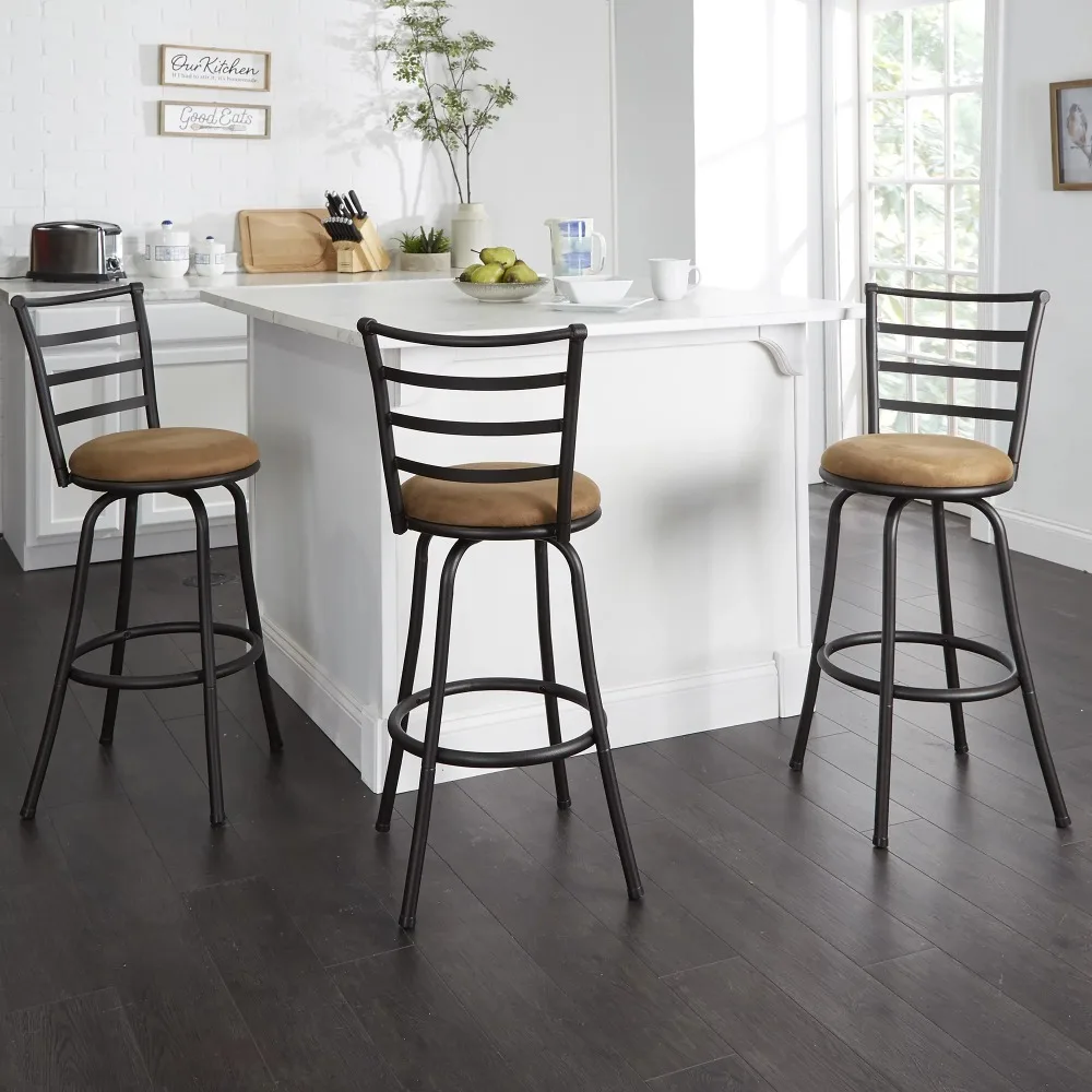 

Mainstays 3 Pack Adjustable 24" or 29" Bronze Ladder Back Swivel Barstool, Espresso Vegan Leather Seat, Bar Chair