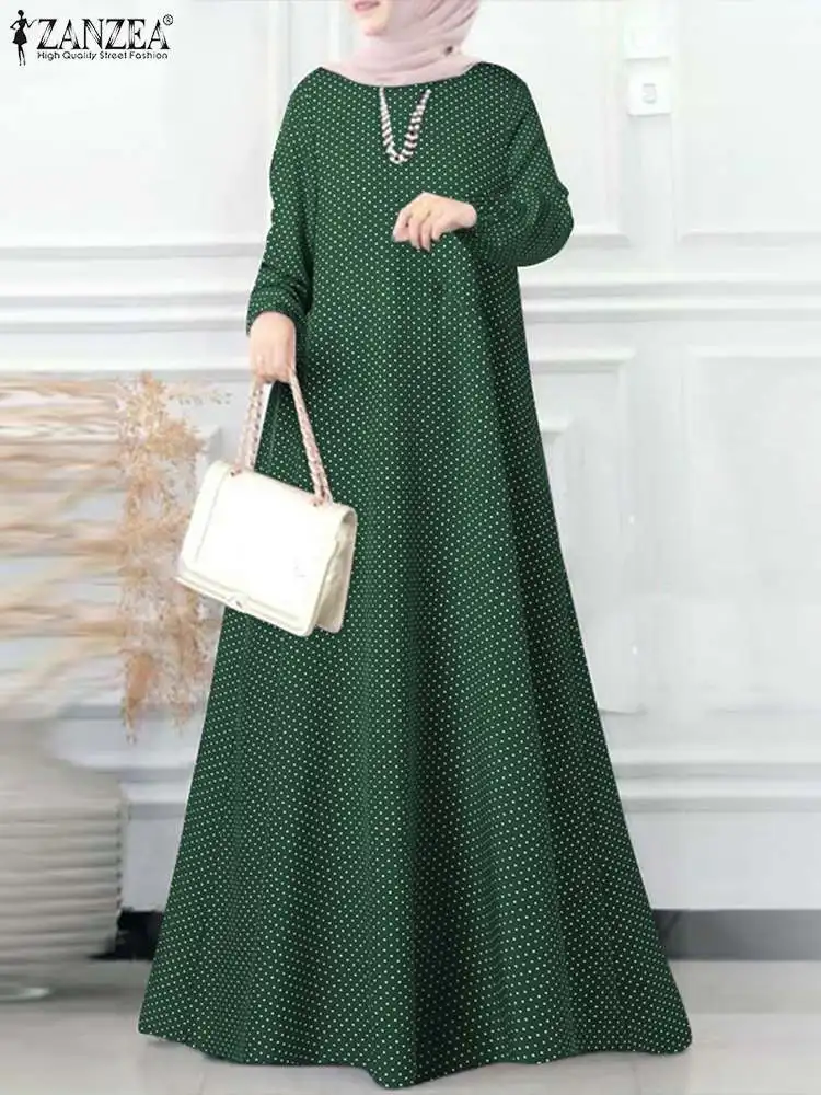 

ZANZEA Muslim Women's Dresses Isamic Clothing Turkey Abayas For Women Polka Dots Printed Maxi Long Vestidos Eid Ramadan Kaftan