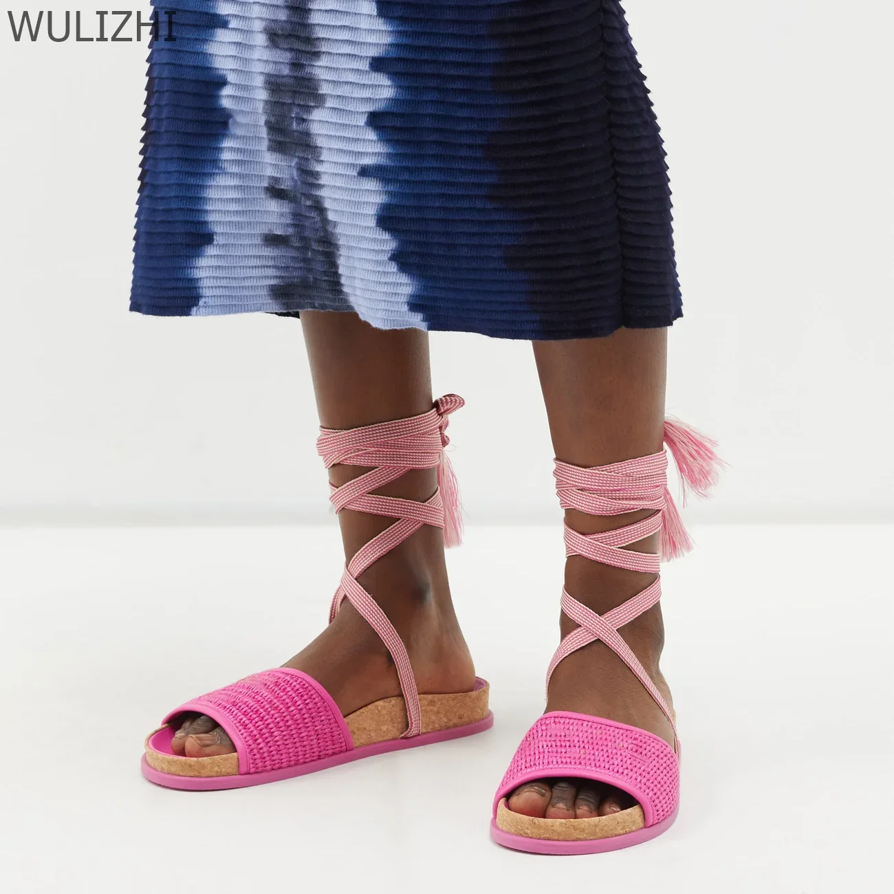 Gal Flat Sandals Rose Pink Embroidery Tassel-Tie Ankle Straps Rubber Outsoles Raffia Gladiator Casual Patchwork Round Toe Shoes