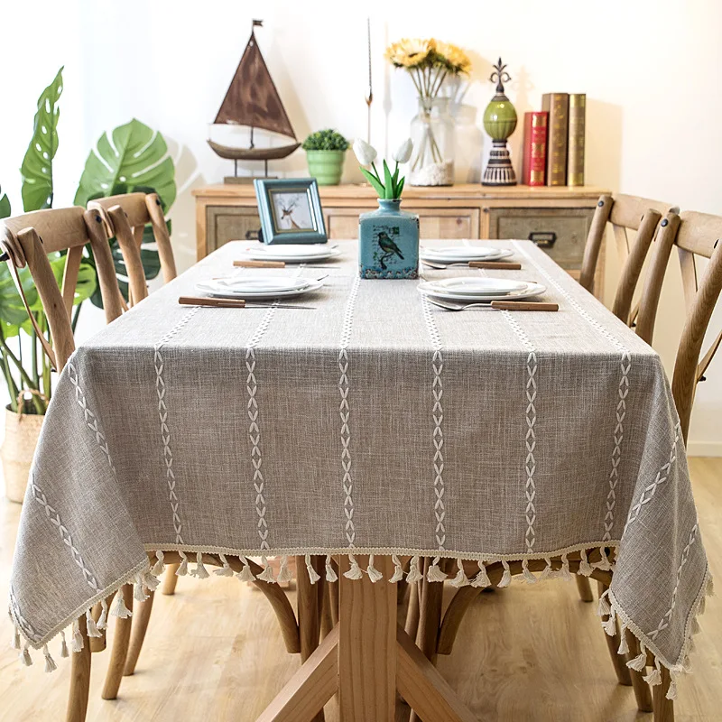 

Простота искусственная кофейная хлопковая льняная полосатая скатерть для обеденного стола с вышитыми кисточками подолом прямоугольная ск...