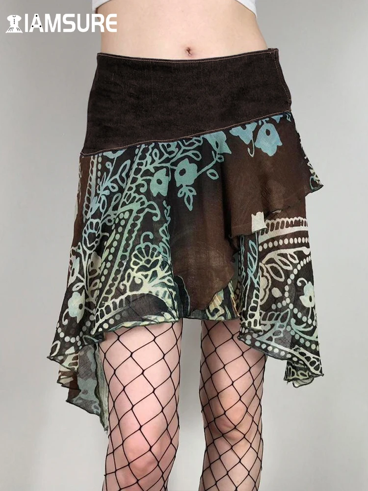

IAMSURE Grunge Fairycore Patchwork Ruffles A-Line Skirts Casual Slim Mid-Waisted Mini Skirts Women 2023 Summer Fashion Ladies
